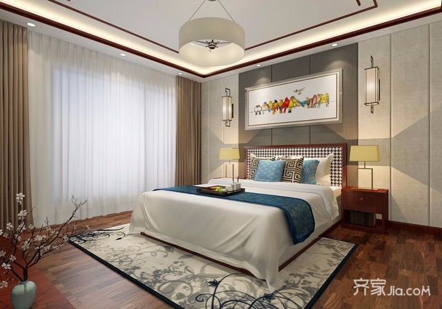 大户型,别墅装修,140平米以上装修,20万以上装修,卧室,中式风格,卧室背景墙,灰色