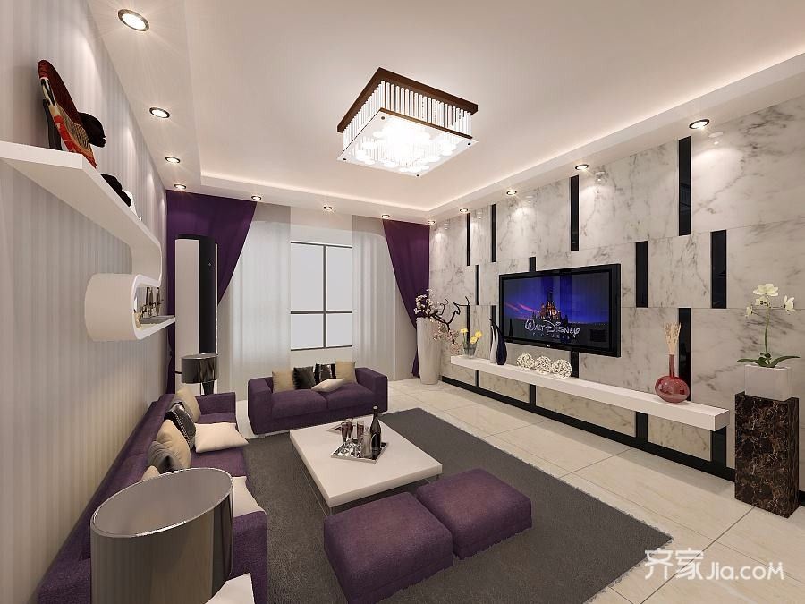 15-20万装修,三居室装修,120平米装修,客厅,现代简约风格,电视背景墙,紫色,黑白