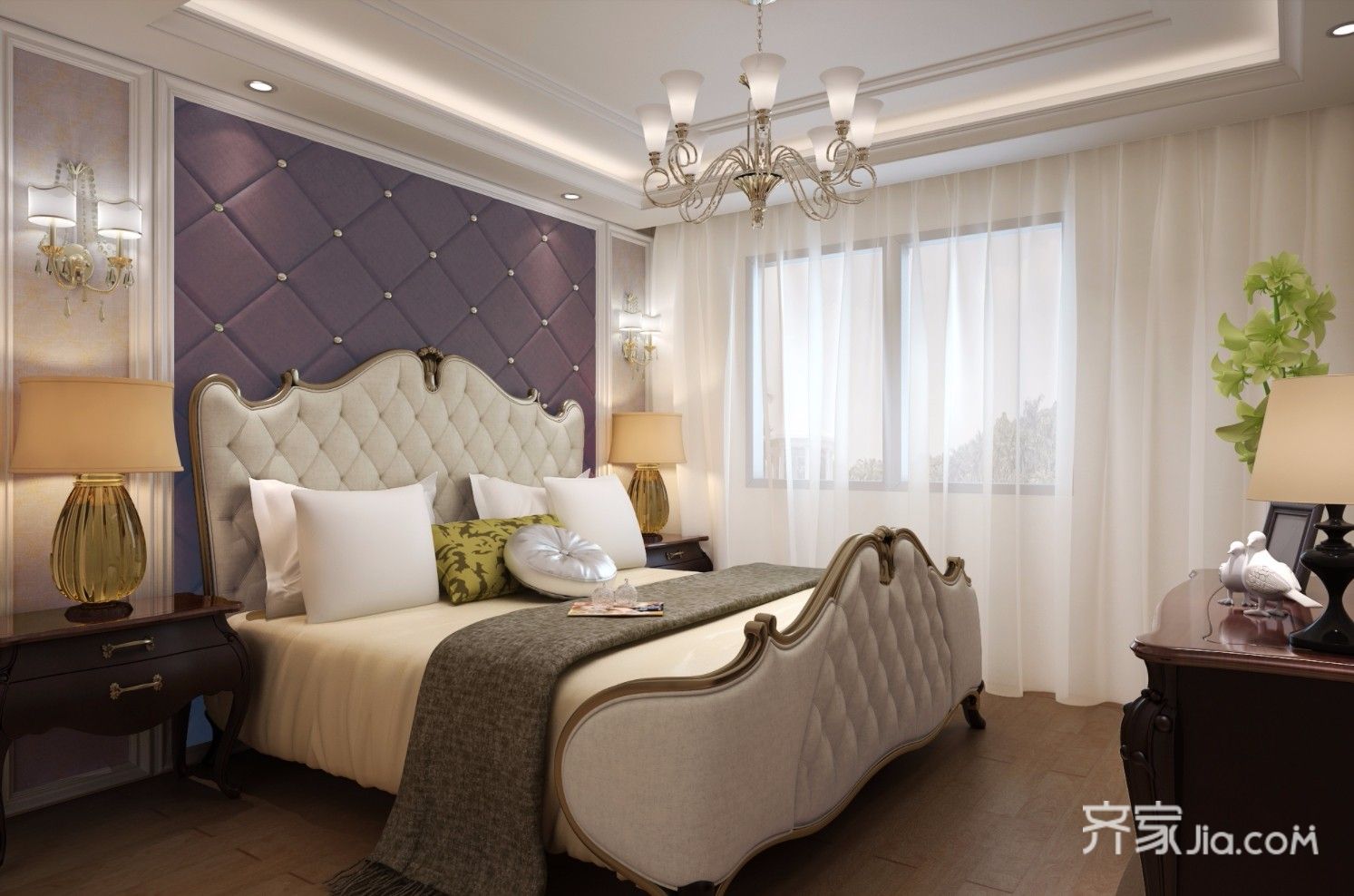 20万以上装修,四房装修,140平米以上装修,卧室,卧室背景墙,紫色,简欧风格