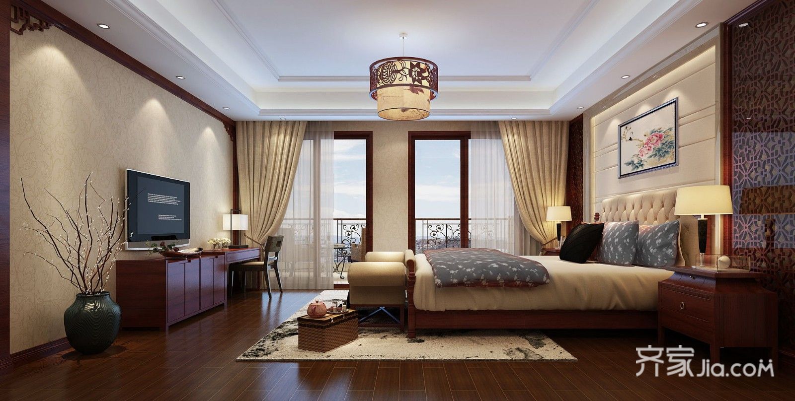 大户型中式风格别墅卧室装修效果图