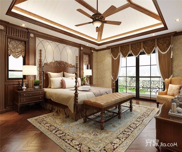 20万以上装修,别墅装修,140平米以上装修,欧式风格,卧室,吊顶,暖色调