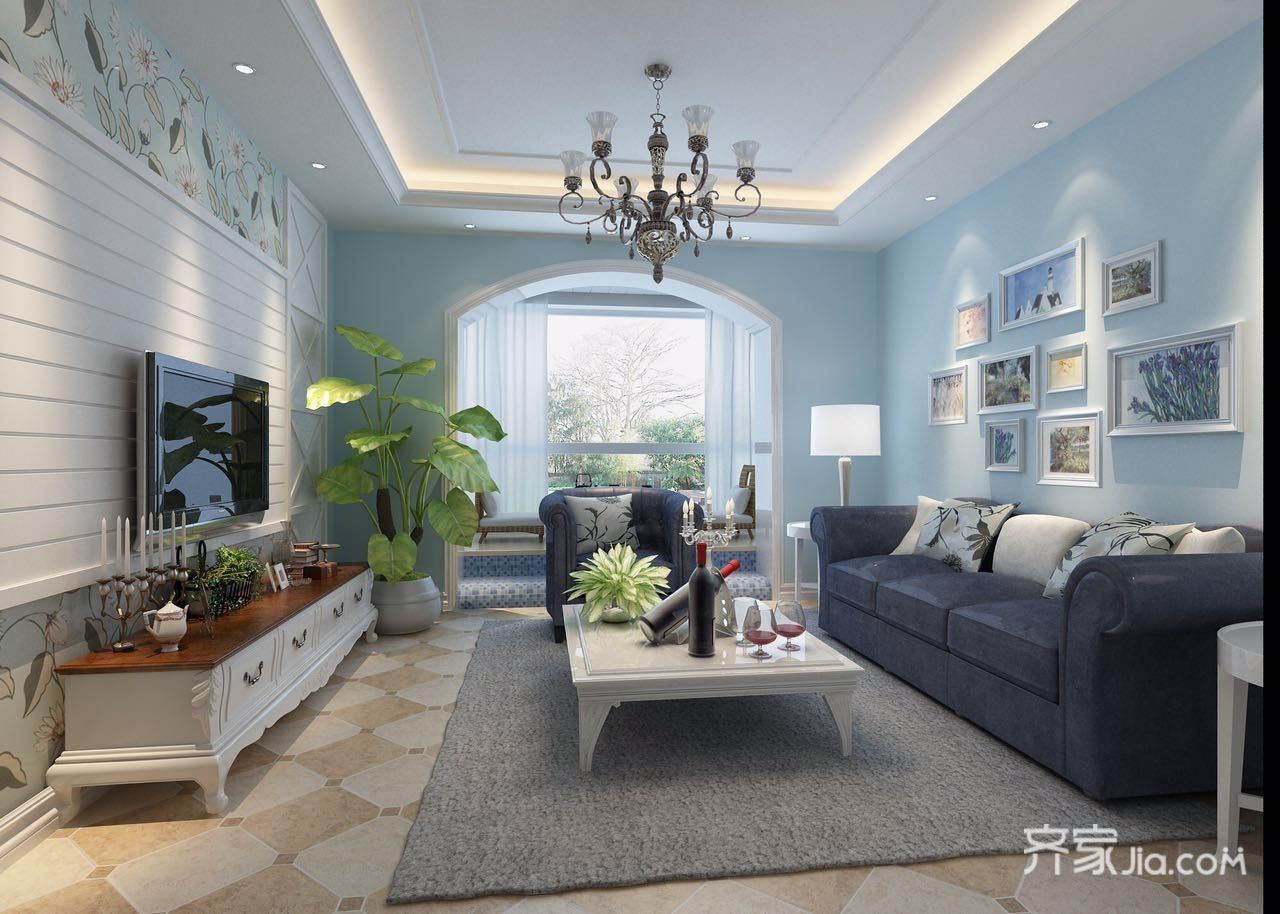 15-20万装修,二居室装修,70平米装修,地中海风格,客厅,沙发背景墙,蓝色,沙发