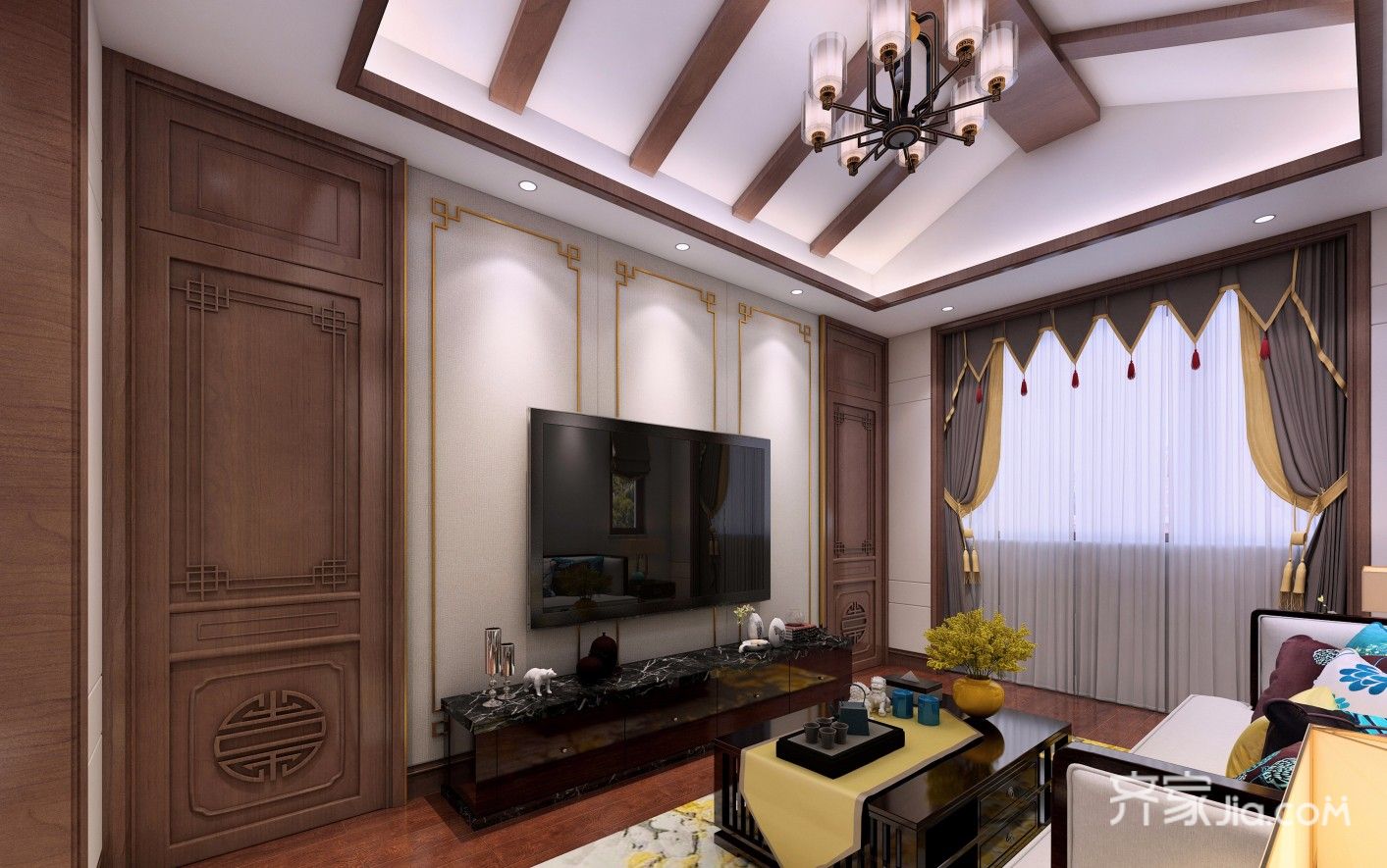 300平中式风格别墅电视背景墙装修效果图