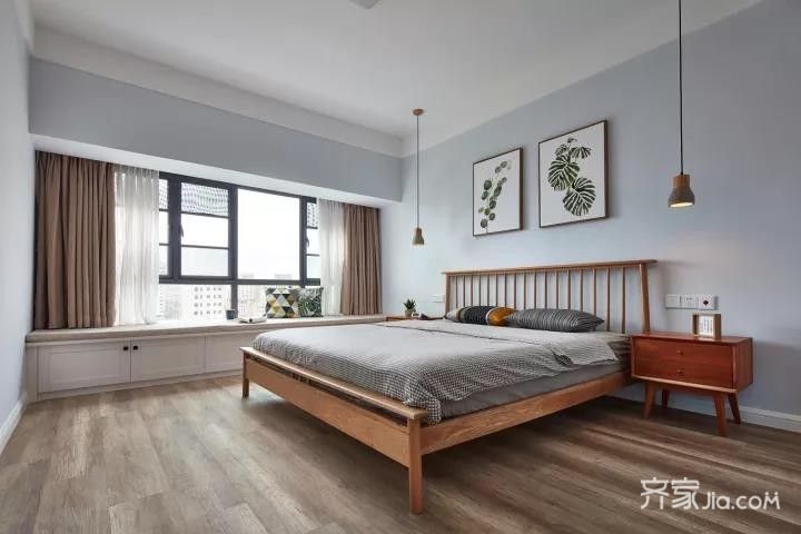 5-10万装修,三居室装修,120平米装修,卧室,北欧风格,卧室背景墙,原木色
