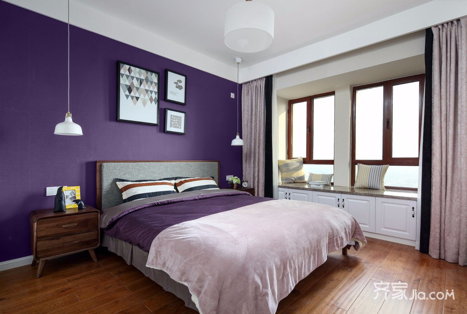 5-10万装修,三居室装修,100平米装修,卧室,北欧风格,卧室背景墙,紫色