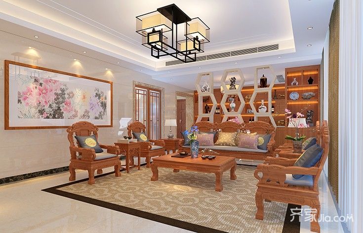 20万以上装修,四房装修,140平米以上装修,中式风格,客厅,吊顶,沙发,暖色调