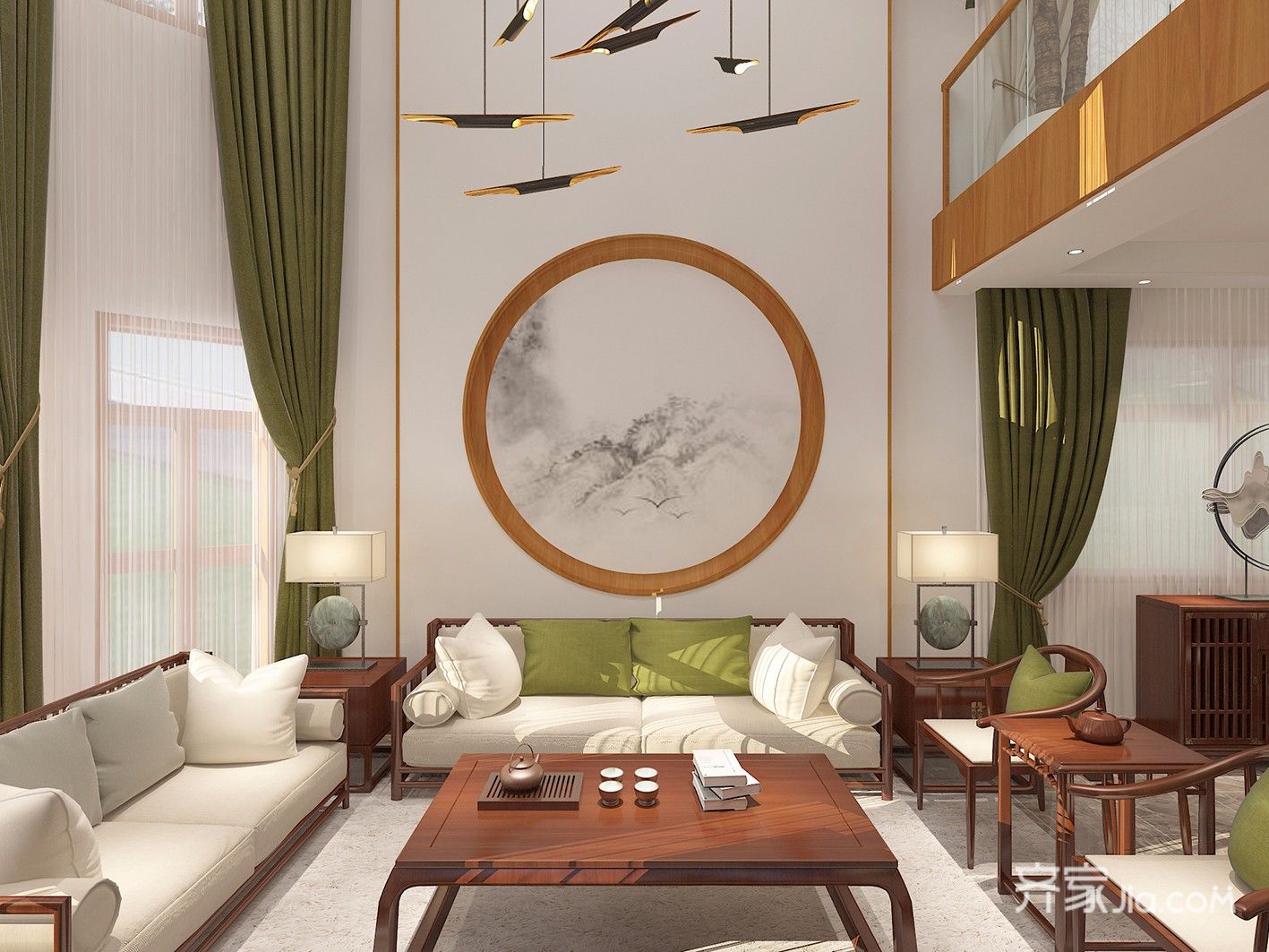 新中式风格复式别墅客厅装修效果图