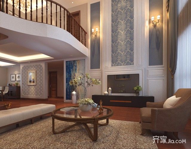 大户型,20万以上装修,复式装修,140平米以上装修,美式风格,客厅,电视背景墙,灰色