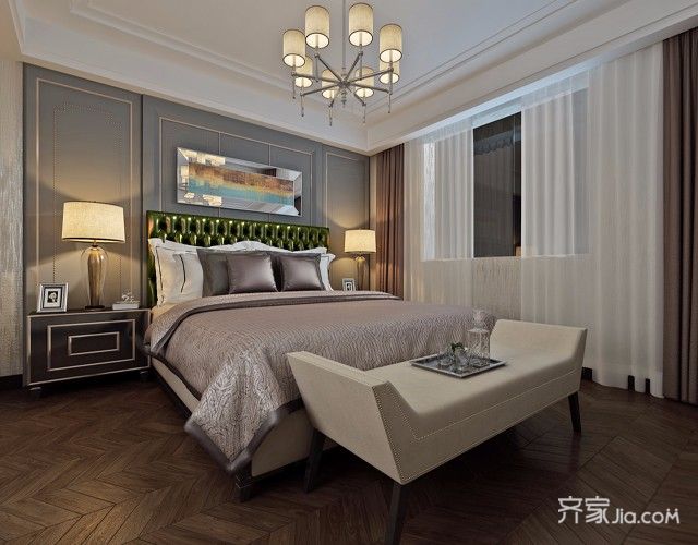 大户型,20万以上装修,复式装修,140平米以上装修,美式风格,卧室,卧室背景墙,灰色