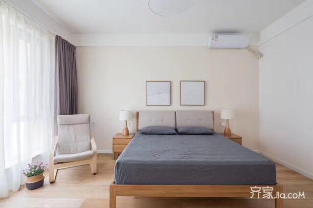 5-10万装修,二居室装修,80平米装修,卧室,北欧风格,床,卧室背景墙,原木色