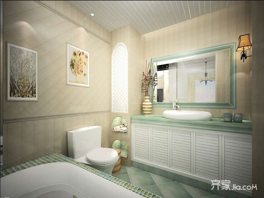 15-20万装修,三居室装修,140平米以上装修,卫生间,混搭风格,浴室柜,绿色