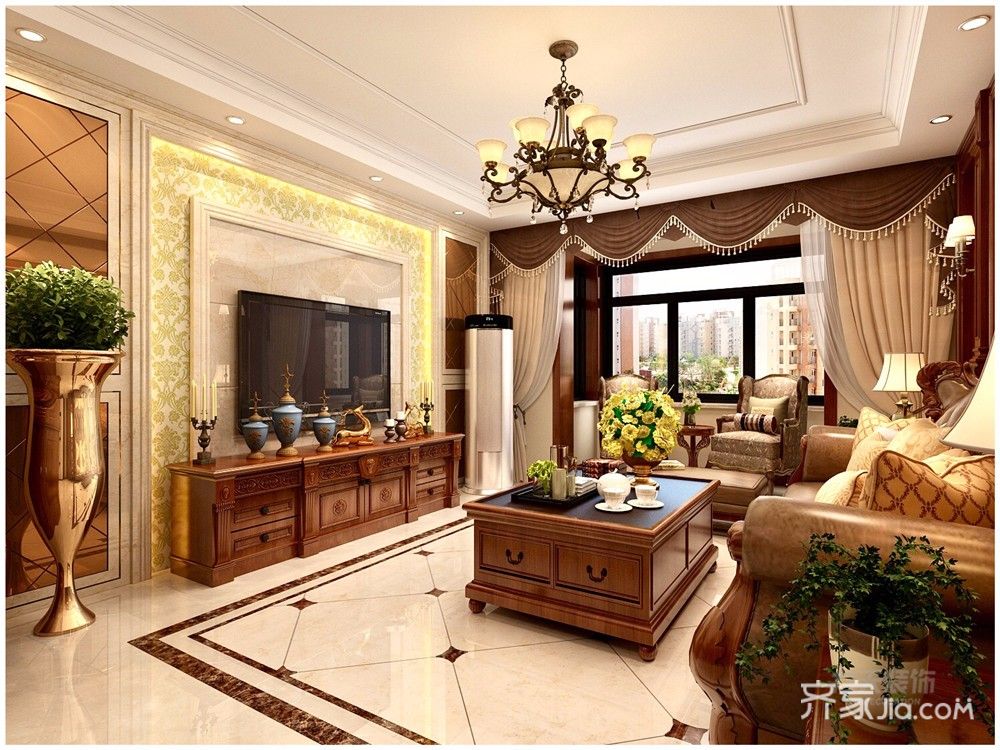 0万138平米美式三居室装修效果图,力天装饰龙津园美式装修案例效果图