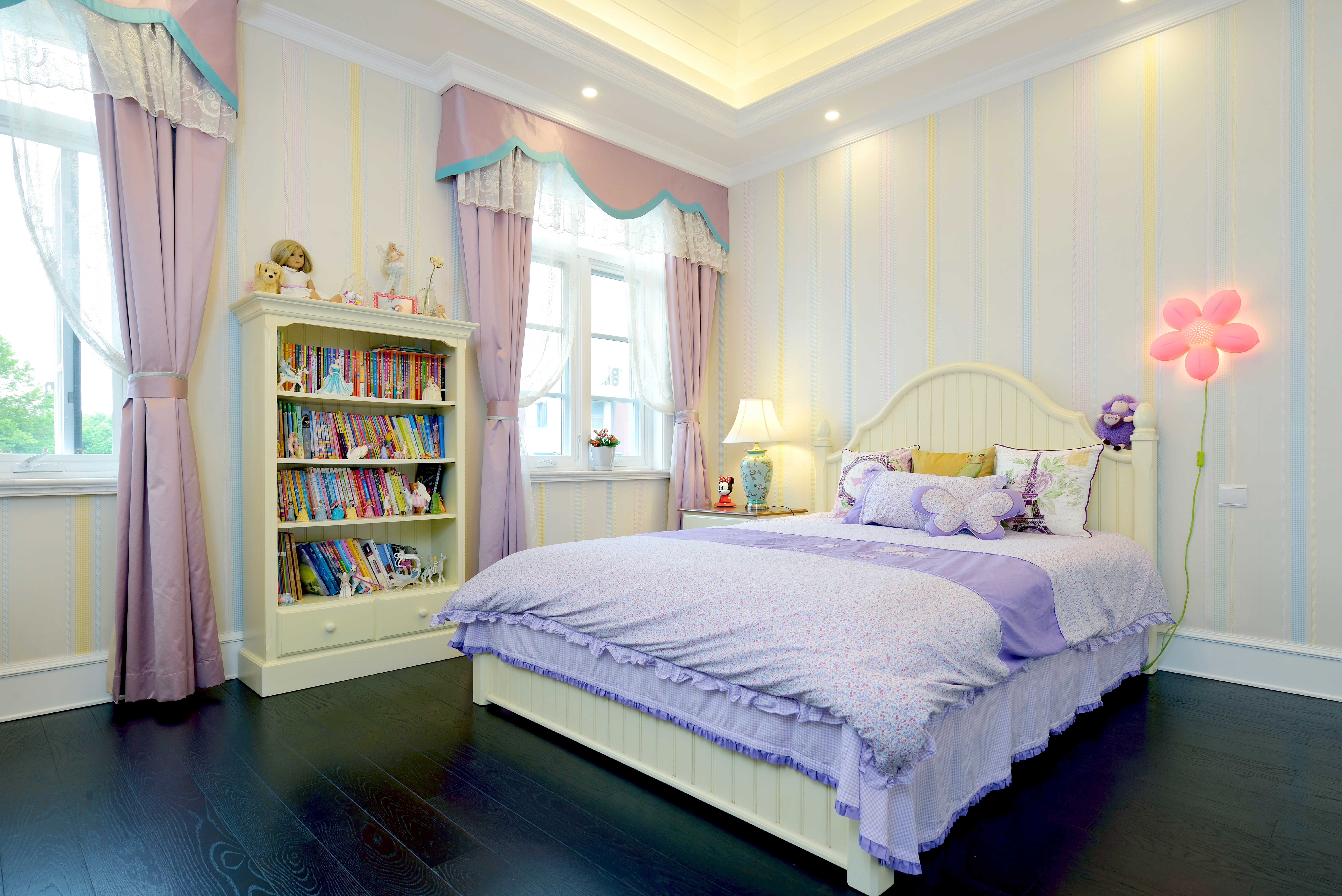 别墅装修,20万以上装修,140平米以上装修,美式风格,儿童房,窗帘,卧室背景墙,床上用品,紫色