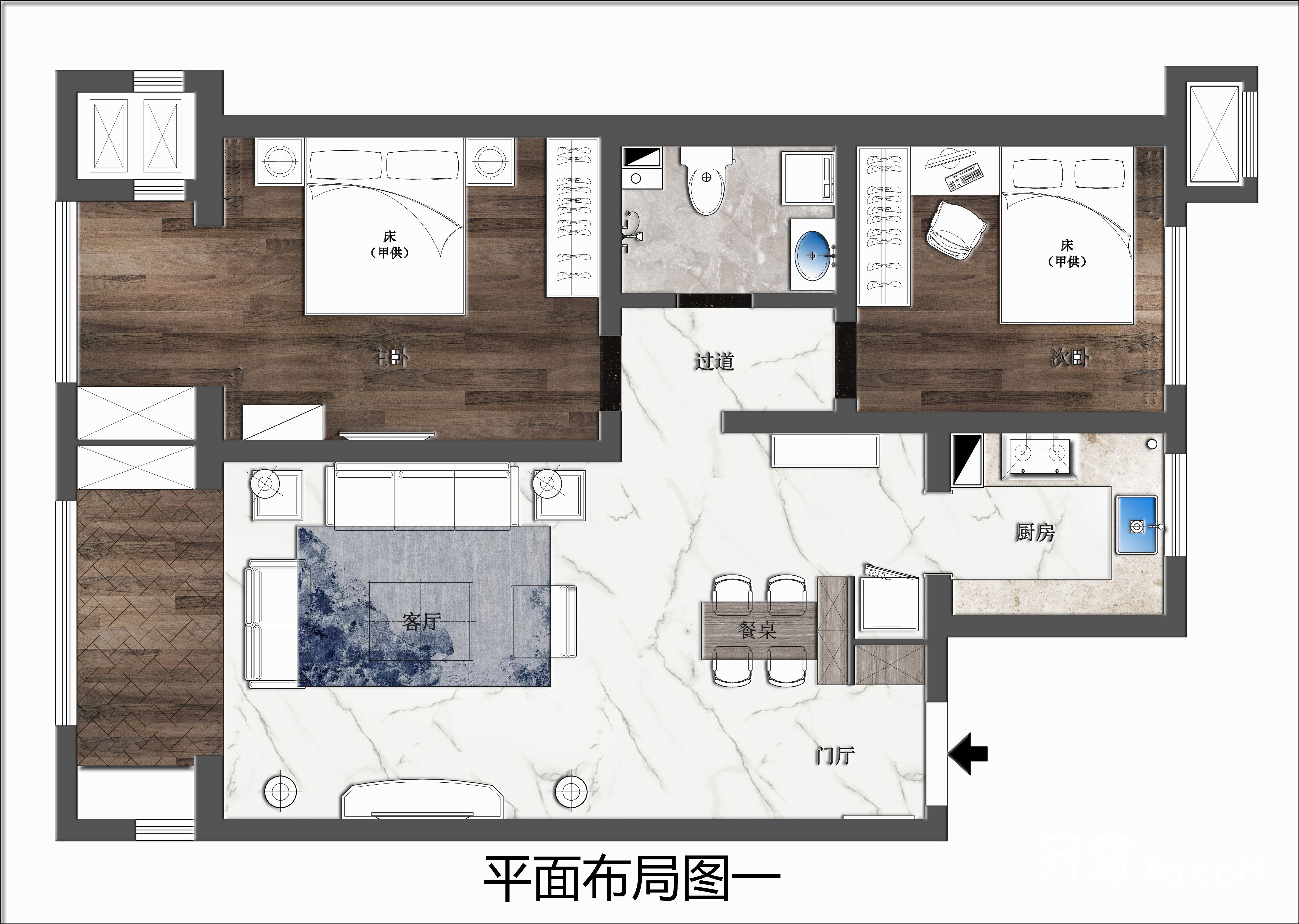 8万105平米简约三居室装修效果图,远洋公馆装修案例效果图-齐家装修网