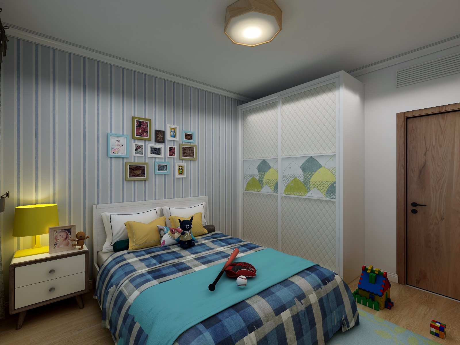 男孩房间,淡蓝色墙漆与蓝色条形壁纸搭配,童趣十足