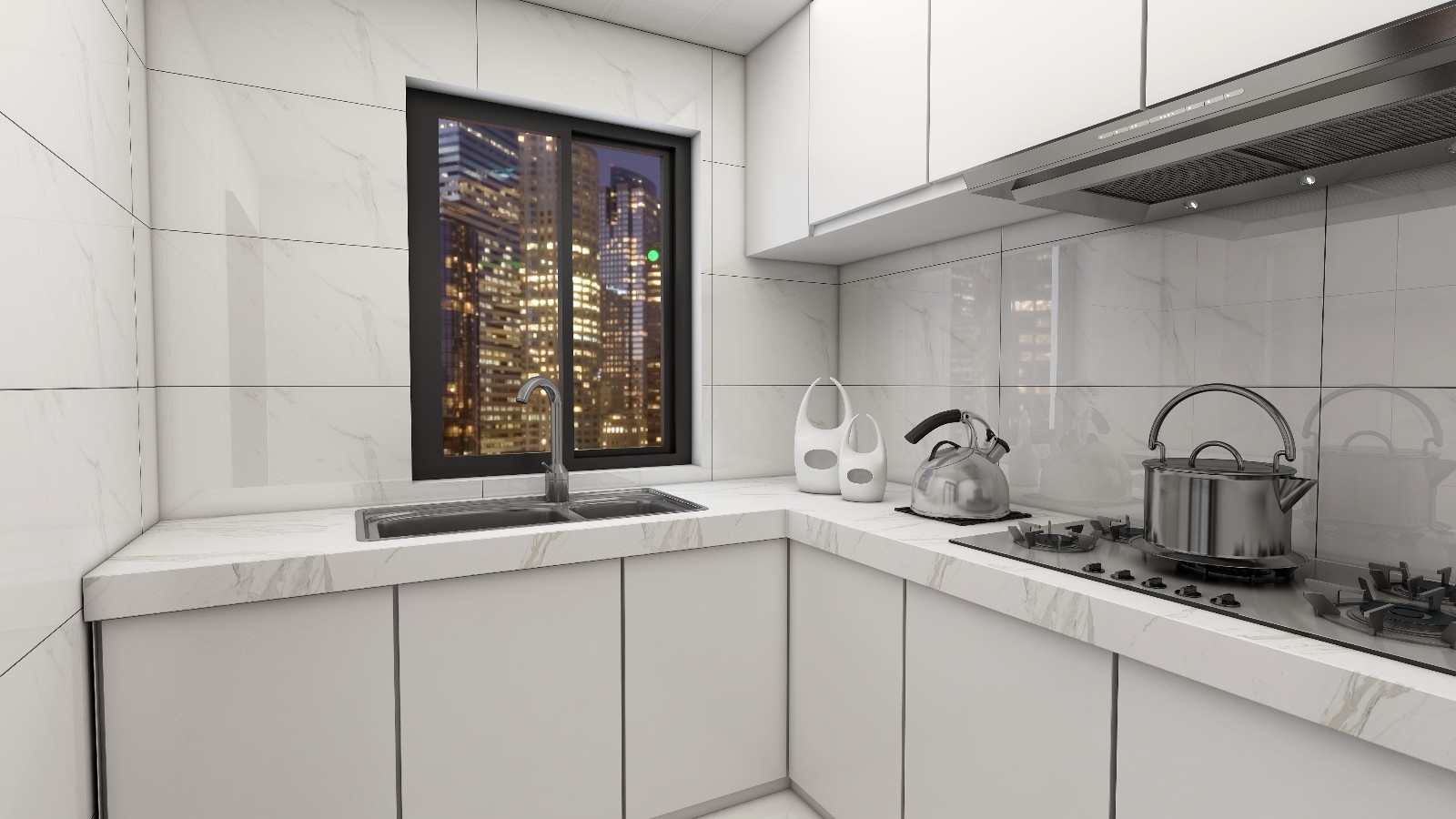 厨房采用爵士白瓷砖,使得厨房更加明亮