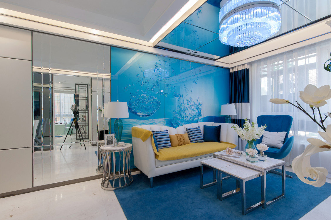 125㎡现代蓝调三居沙发背景墙装修效果图