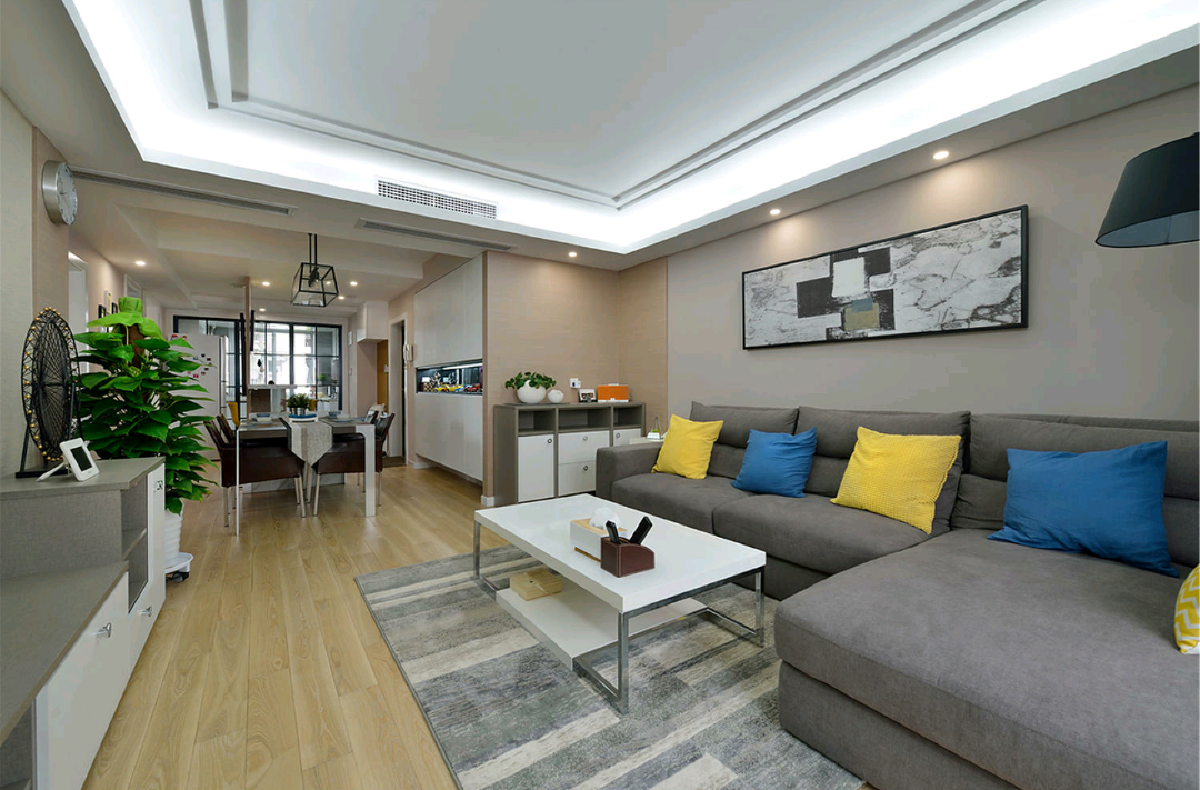 三居室装修,120平米装修,10-15万装修,现代简约风格,客厅,沙发,灰色