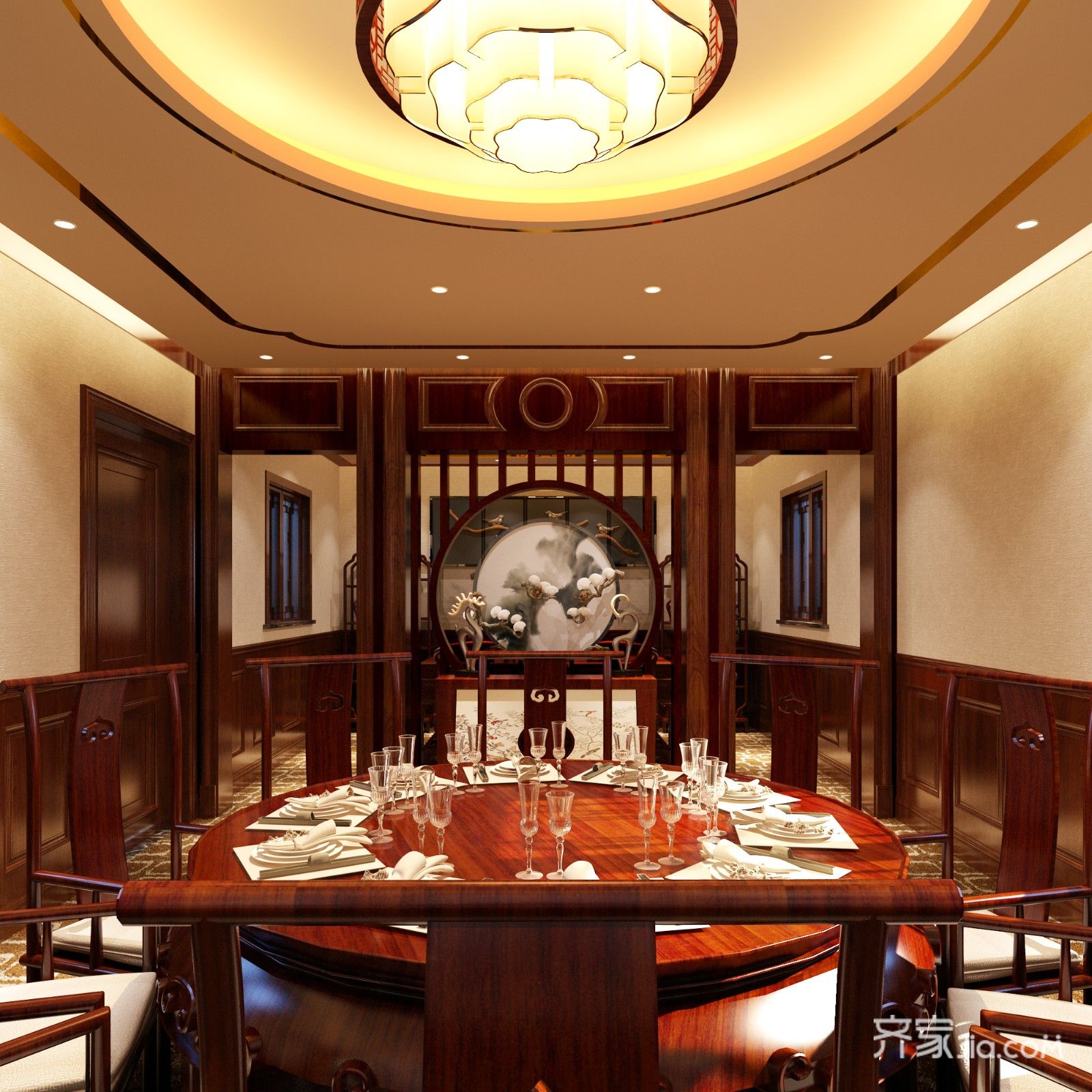 5万57平米中式办公空间装修效果图,中式餐厅包间装修案例效果图-齐家