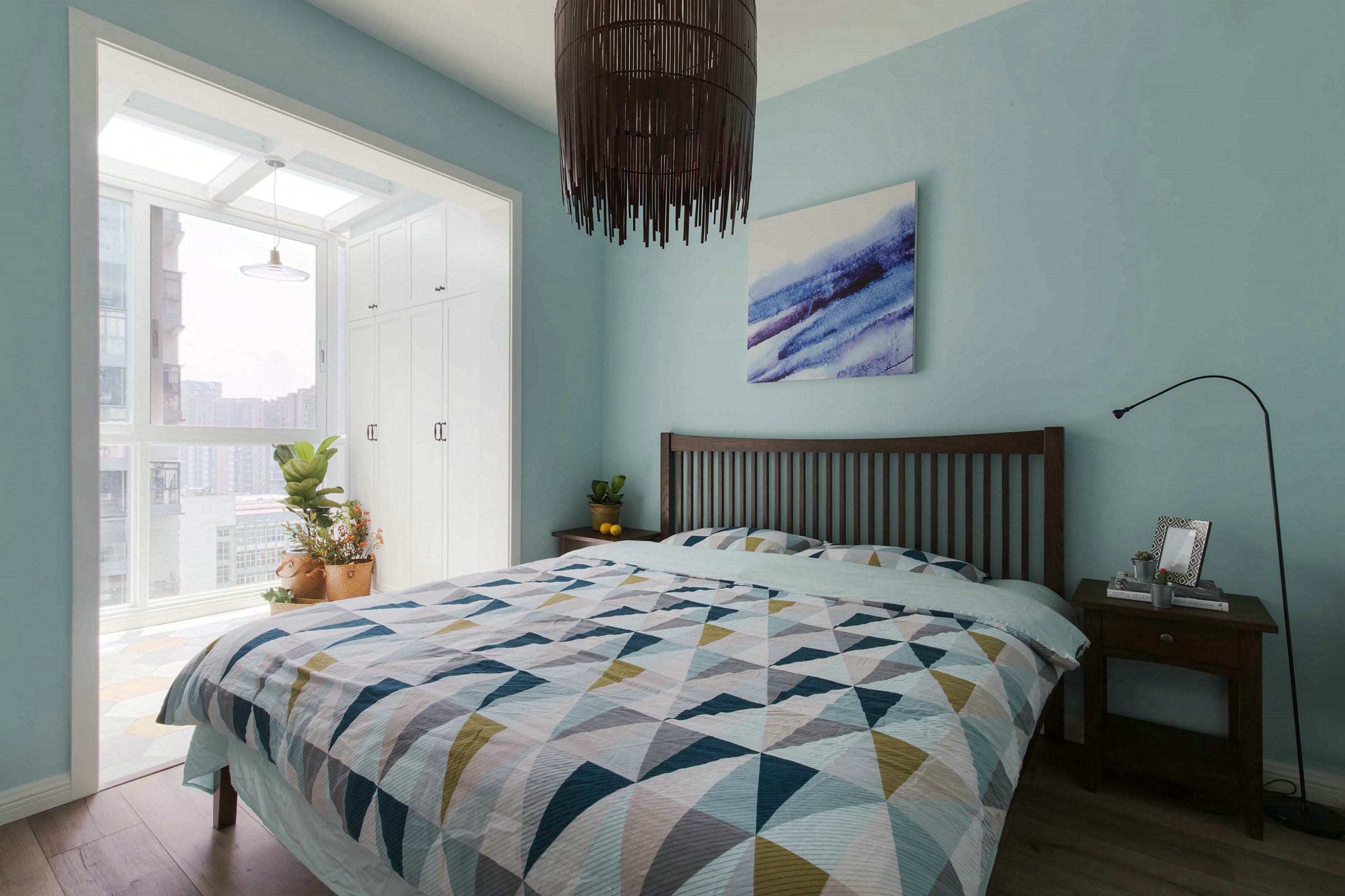 蓝色北欧风格三居卧室装修效果图