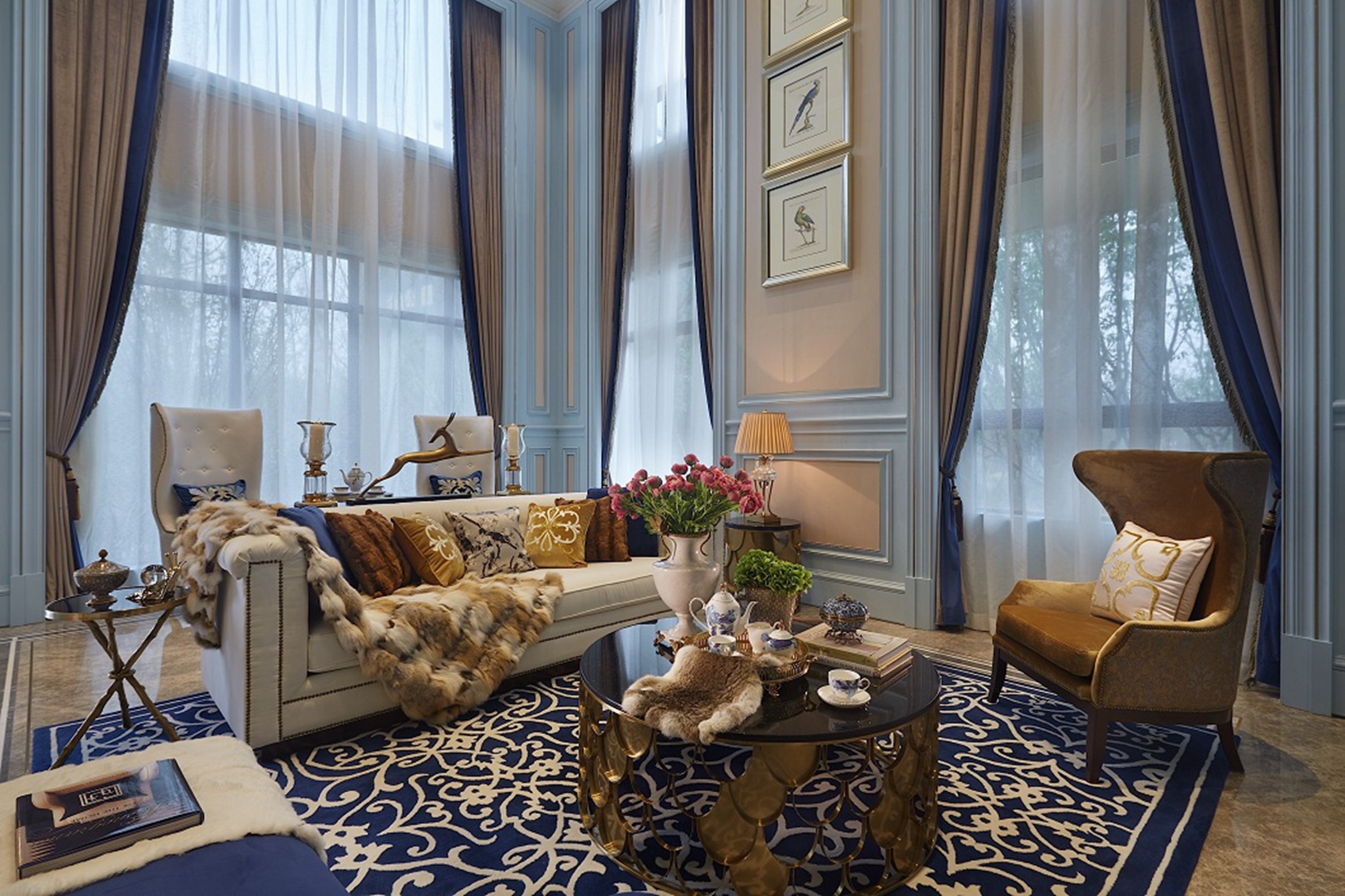别墅装修,豪华型装修,140平米以上装修,新古典风格,地毯,沙发,蓝色,法式风格