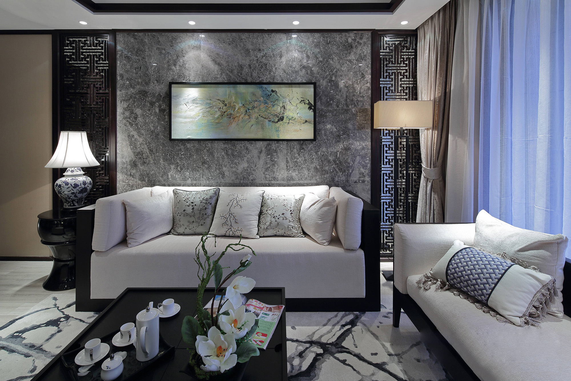 中式风格,30-50万,四房装修,140平米以上装修,20万以上装修,客厅,沙发,灰色