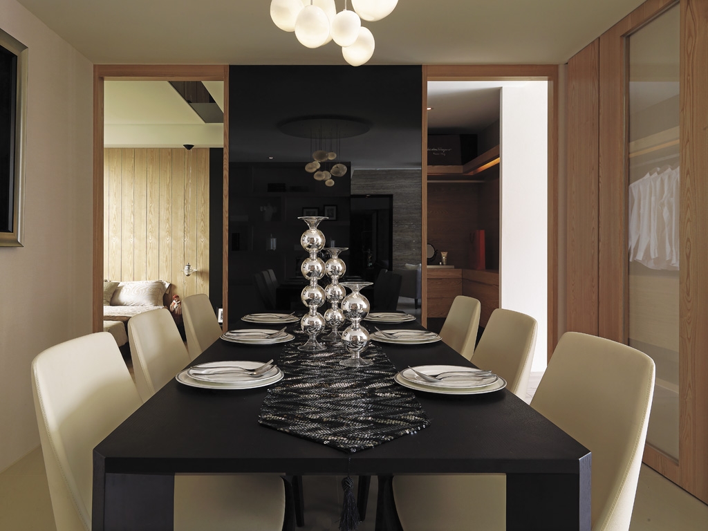 三居室装修,100平米装修,10-15万装修,现代简约风格,餐桌,餐厅背景墙,黑白