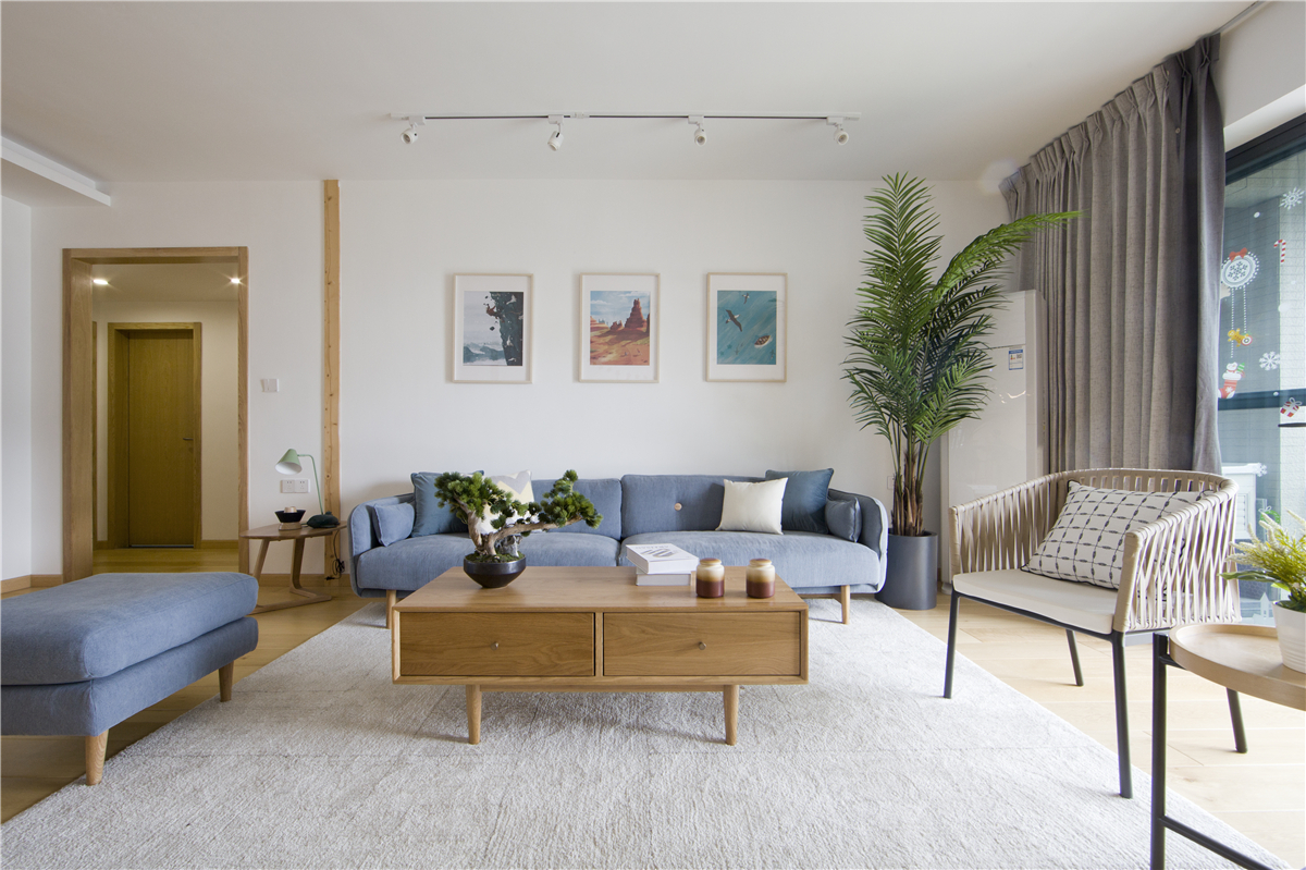 复式客厅沙发效果图小户型简约日式沙发背景墙装修效果图日式原木风